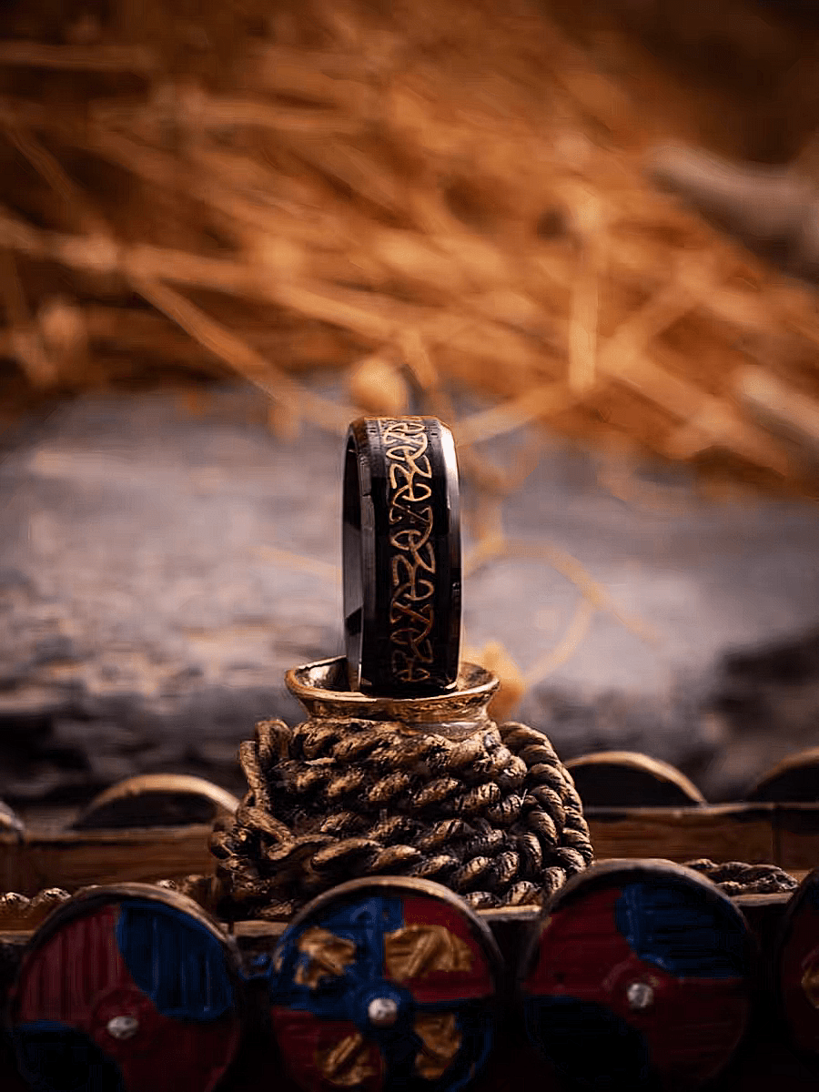 Threefold Balance Celtic Triquetra Ring – Black & Gold Band - Night Works