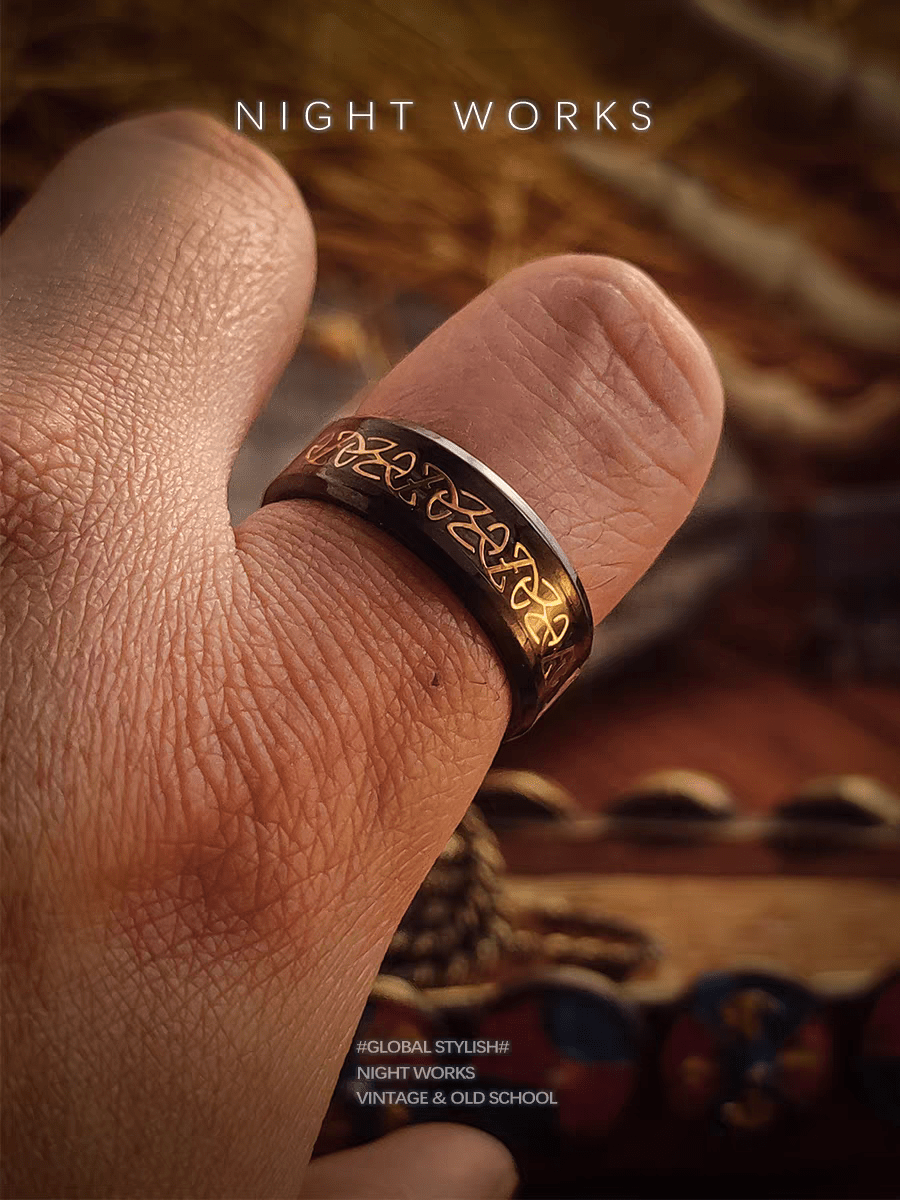 Threefold Balance Celtic Triquetra Ring – Black & Gold Band - Night Works