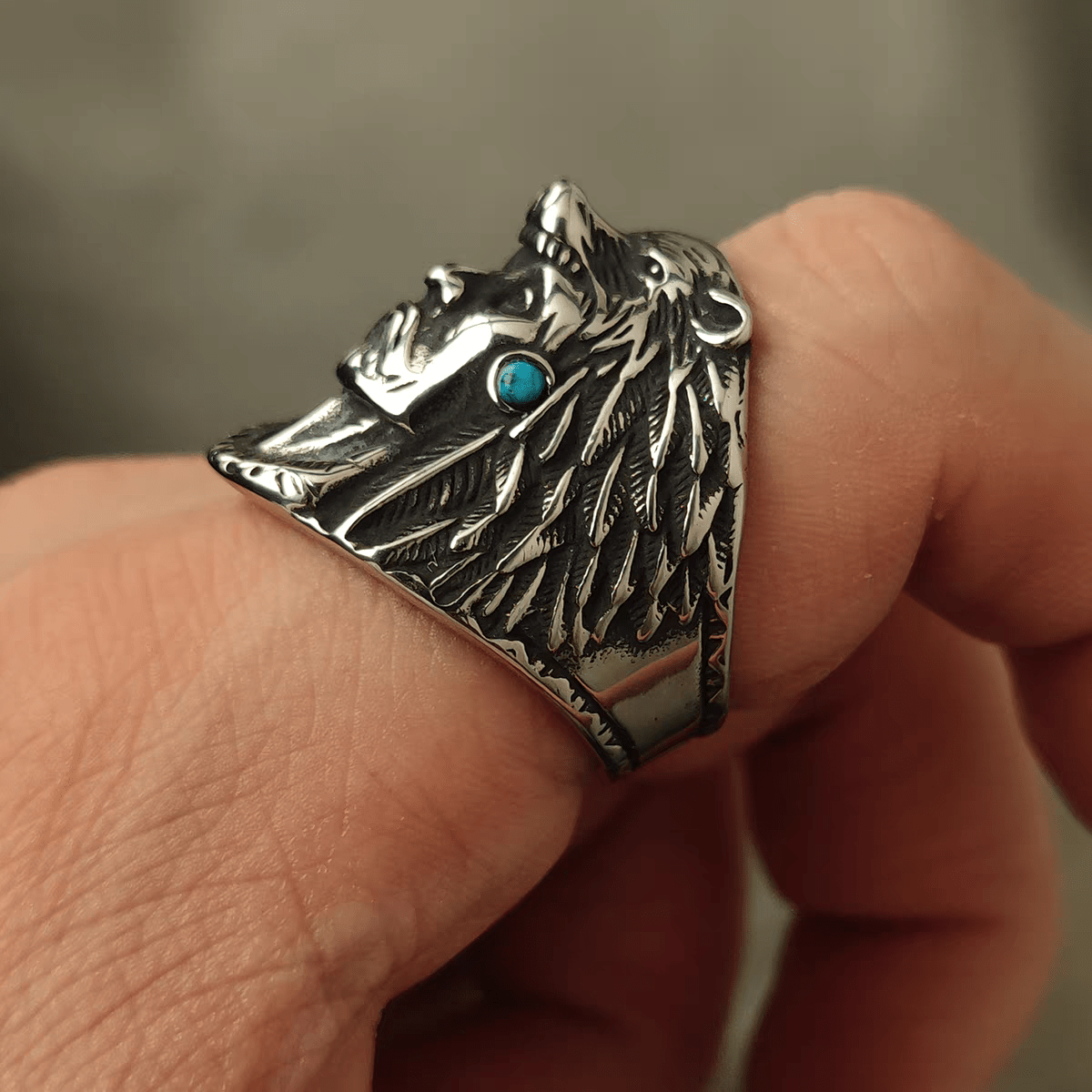 Tribal Chief Turquoise Ring – Vintage Fred Harvey Style Titanium Steel - Night Works