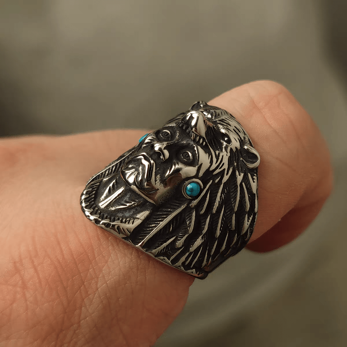 Tribal Chief Turquoise Ring – Vintage Fred Harvey Style Titanium Steel - Night Works