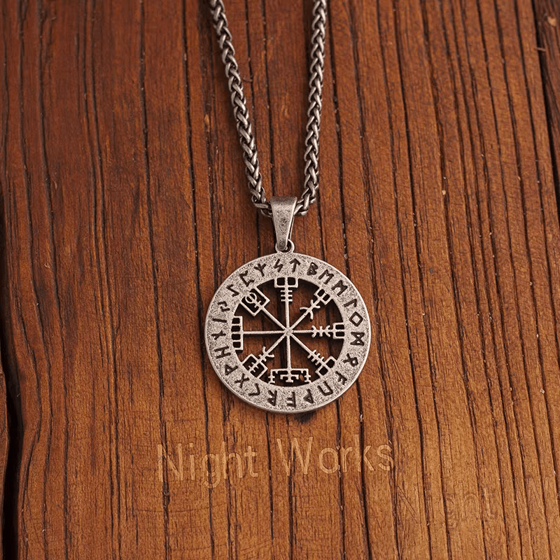 Vegvísir Viking Compass Pendant – Norse Rune Wayfinder Necklace - Night Works