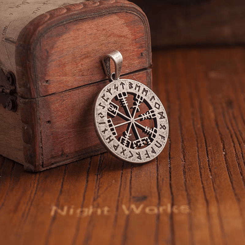 Vegvísir Viking Compass Pendant – Norse Rune Wayfinder Necklace - Night Works