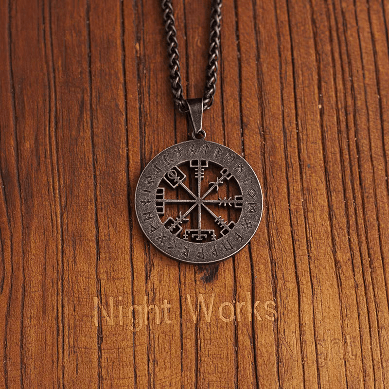 Vegvísir Viking Compass Pendant – Norse Rune Wayfinder Necklace - Night Works