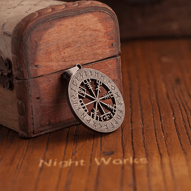 Vegvísir Viking Compass Pendant – Norse Rune Wayfinder Necklace - Night Works
