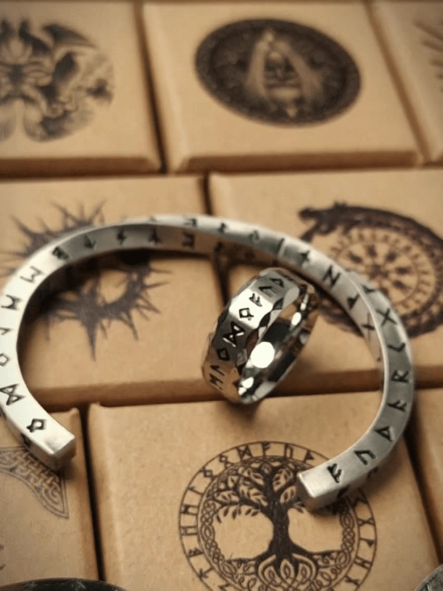 Viking Rune Cuff Bracelet – Vintage Nordic Stainless Steel Bangle - Night Works