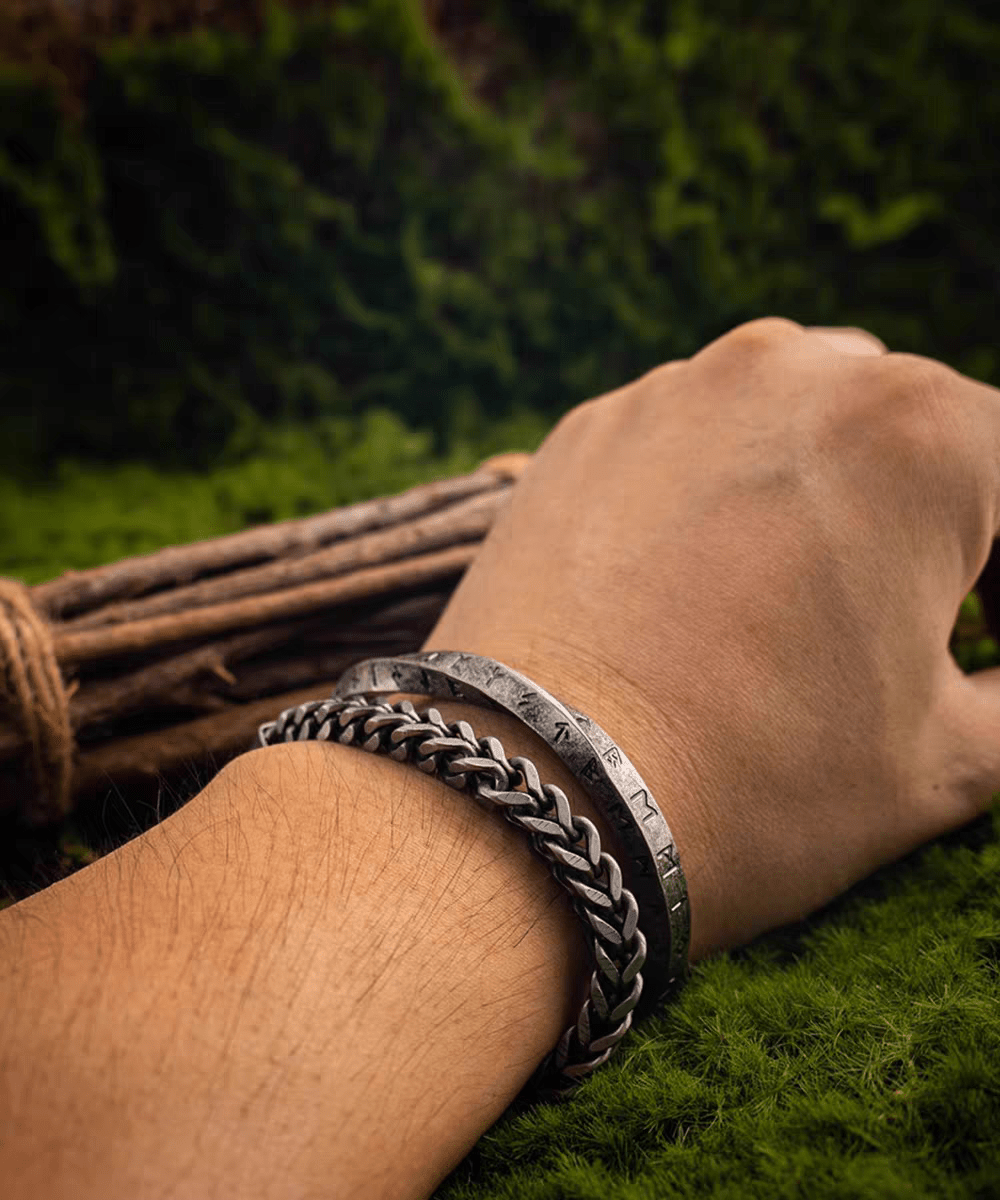 Viking Rune Cuff Bracelet – Vintage Nordic Stainless Steel Bangle - Night Works