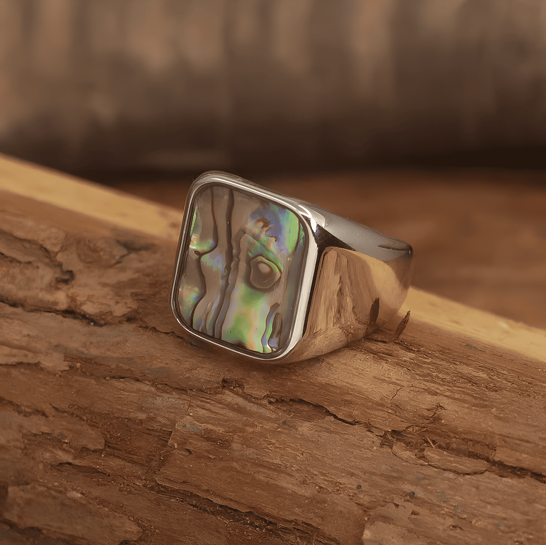 Vintage Abalone Shell Square Ring – Titanium Steel - Night Works