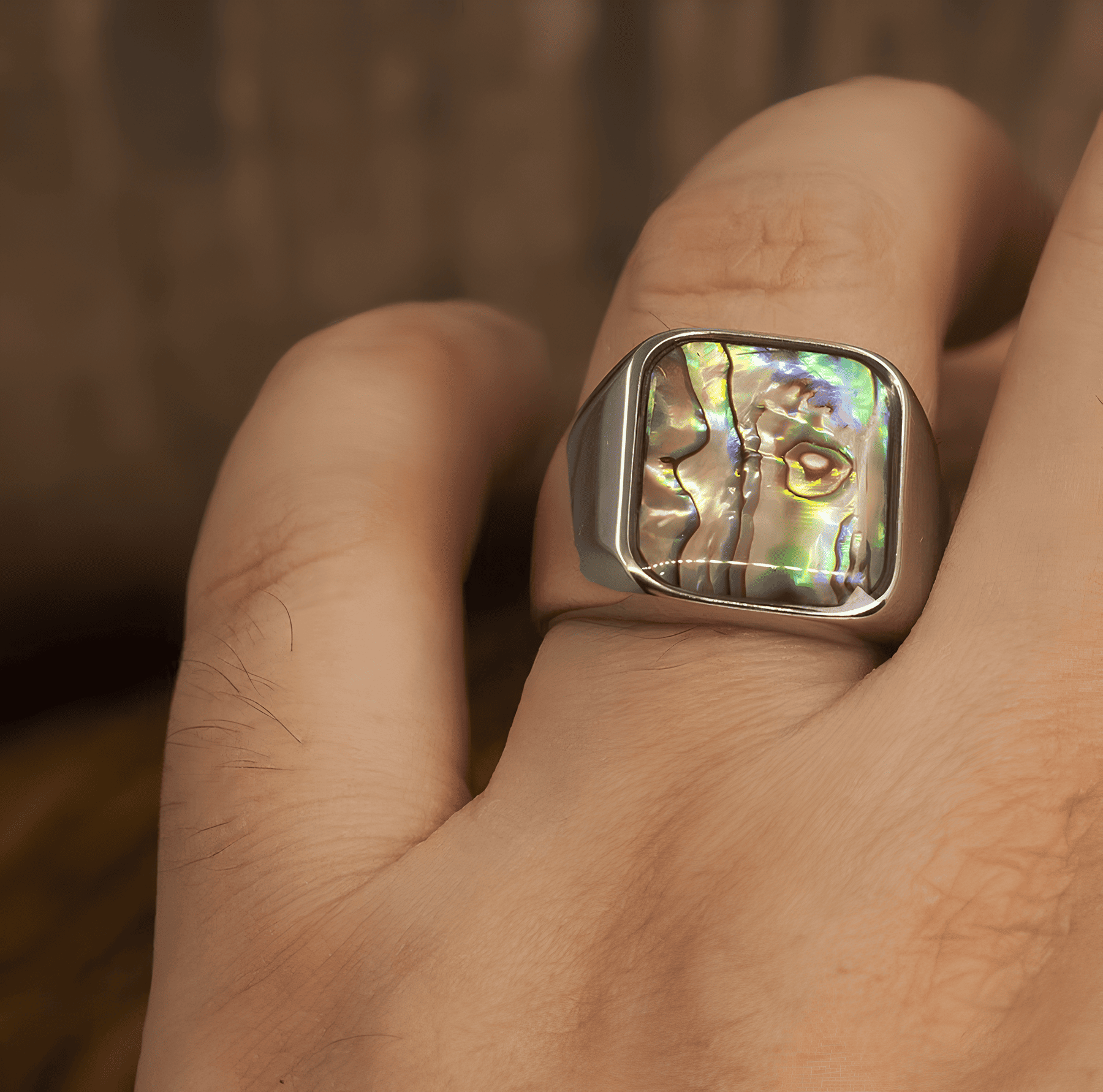Vintage Abalone Shell Square Ring – Titanium Steel - Night Works