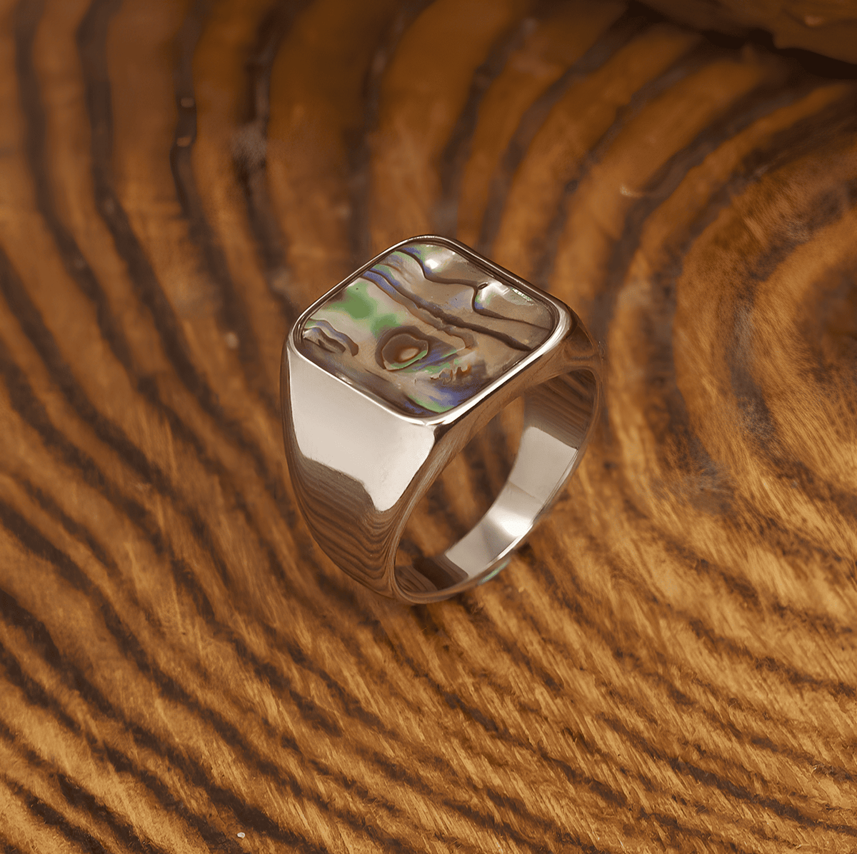 Vintage Abalone Shell Square Ring – Titanium Steel - Night Works