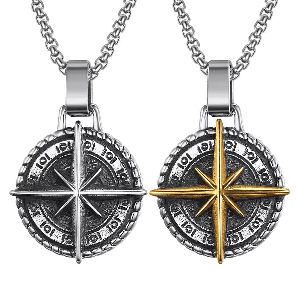 Vintage North Star Compass Pendant Necklace – Stainless Steel Nautical Jewelry - Night Works